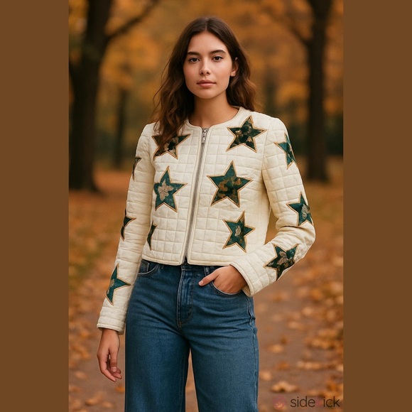 Vintage Blue B Star Quilted Patchwork Cottagecore Grannycore Jacket Blazer Y2K - Picture 2 of 11